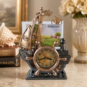 Ceas decorativ de masa cu rama foto si corabie, stil maritim, 20x25 cm