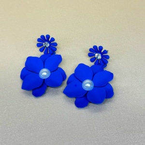 Cercei lungi Theona, design floral, cu tija si pietre artizanale, Albastru Royal 2