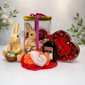 Cos cadou Paste Cherry Bunny cu Angelli Cherry si praline Rosen Cherry Queen, esarfa eleganta si decoratiune iepuras