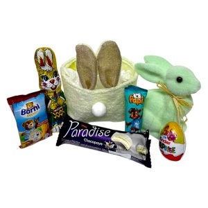 Cos de Paste pentru copii Bunny Joy Kinder cu iepuras decorativ verde pastel si selectie dulciuri