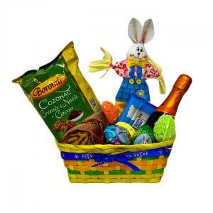 Cos Easter, decoratiune iepure, 3 oua decorative, 3 oua ciocolata Choco Pack 60gr, ciocolata Ritter 100gr, cozonac Boromir 450gr,  Prosecco Mionetto 200ml, in cos cadou