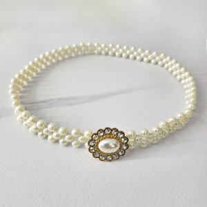 Curea elastica Pearly, catarama metalica decorativa si perle, Gold Daisy 1