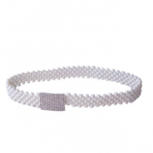 Curea elastica Pearly, catarama metalica decorativa si perle, Onix Alb - Img 6