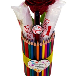 Cutie metalica cu creioane colorate, pix personalizat invatatoare, trandafir de sapun cu sclipici, praline Raffaello 80gr - Img 2