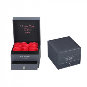 Cutie pentru accesorii "Love Wishes" cu sertar, 9 trandafiri de sapun, felicitare si punga de cadou, Negru