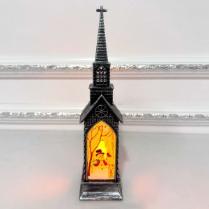 Decoratiune Capela luminoasa Church and Night cu lumina LED si Om de Zapada pictat, Negru, 21X5X5 cm