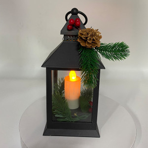 Decoratiune Craciun in forma de felinar cu lumanare LED si crengi de brad, 26 x 11 x 11 cm