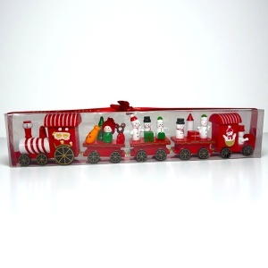 Decoratiune de Craciun din lemn, trenulet cu personaje festive, Rosu, 39 cm - Img 3