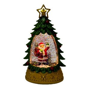 Decoratiune luminoasa de iarna in forma de brad, cu Mos Craciun si sacul cu cadouri, 15X9cm
