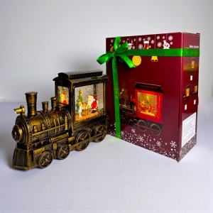 Decoratiune muzicala si luminoasa de Craciun, tip locomotiva, cu zapada in miscare si lumina calda, 18x23 cm, Auriu-Negru - Img 3