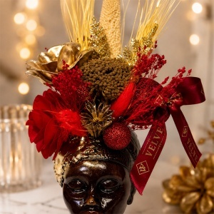 Decoratiune Vaza Africana din ipsos, cu begonie din lemn, flori uscate si plante criogenate, Rosu-Auriu - Img 3