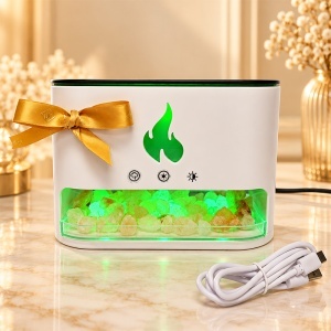 Difuzor de aromaterapie cu efect de flacara, cristale de sare si iluminare LED in 4 culori, Alb - Img 4