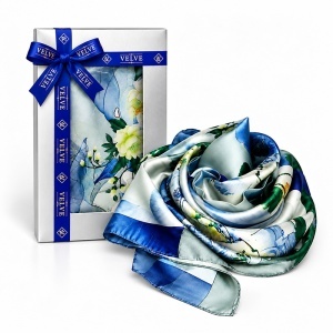 Esarfa premium dama cu imprimeu botanic, 70 x 70 cm, Bleu-Verde