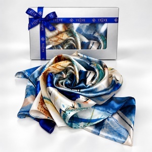 Esarfa premium dama cu imprimeu floral abstract, 70 x 70 cm, Albastru - Img 4
