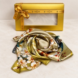 Esarfa premium dama cu motive florale, 70 x 70 cm, Bej auriu - Img 3