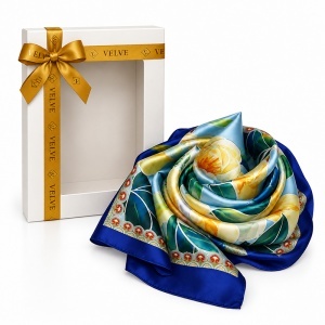 Esarfa premium dama cu motive florale, 70 x 70 cm, Bleumarin - Img 4