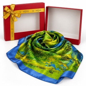 Esarfa premium dama cu peisaj din natura, 70 x 70 cm, Verde-Albastru - Img 5