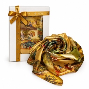 Esarfa premium dama cu peisaj oriental, 70 x 70 cm, Auriu