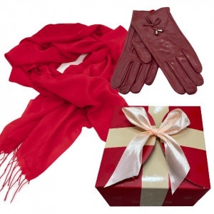 Esarfa tip sal, din material gros cu casmir, manusi asortate si ambalate in cutie cadou, Rosu, 180x75 cm - Img 1