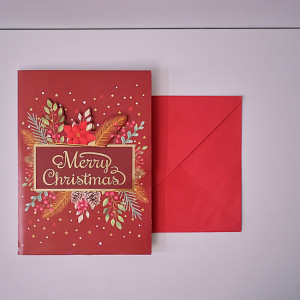 Felicitare Muzicală de Crăciun 'Stele Aurii', rosu inchis, cu plic inclus - 20 x 15 cm