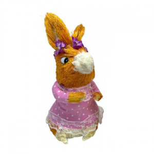 Figurina decorativa din paie, Iepuras Erica, cu rochita si dantela, 21 cm, Roz