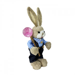 Figurina decorativa din paie, Iepuras Yvan, cu salopeta si accesoriu pentru fluturi, 33 cm, Albastru - Img 4
