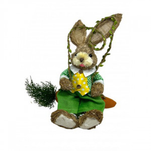 Figurina decorativa din paie, Iepuras Yvan pe leagan cu aspect de morcov, 30 cm, Verde/Galben