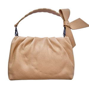Geanta dama, UrbanElegance, din piele naturala cu fundita decorativa si detalii hobo, Crem