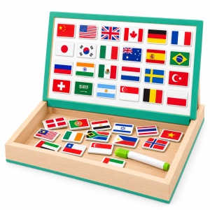 Joc educativ magnetic din lemn cu steagurile lumii, tabla si marker, cutie de depozitare, multicolor, 3+ ani