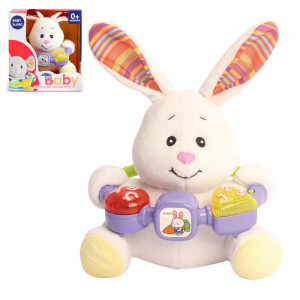 Jucarie de plus interactiva pentru bebelusi Baby Sunki Iepuras, 0+ luni, cu sunete si lumini