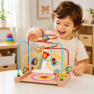Labirint educational din lemn cu fructe, ceas si margele, multicolor, 3+ ani - Img 2