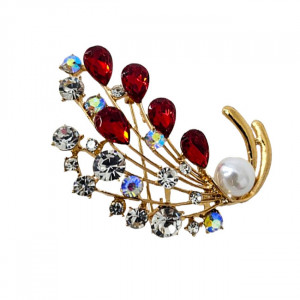 Martisor brosa Pearl Bouquet, cu cristale si perle artizanale, in suport elegant, Rosu - Img 6