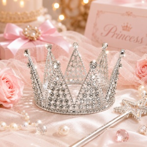 Mini coroana decorativa argintie cu cristale stralucitoare, 7x5,5 cm