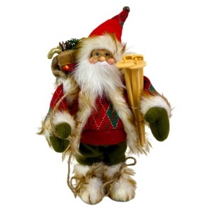 Mos Craciun animat care canta si danseaza, cu schiuri și sac festiv cu cadouri, 35 cm, Rosu-Verde