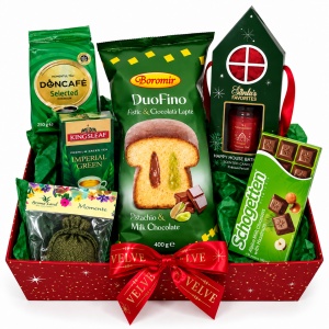 Pachet cadou Christmas Moment, cu cozonac, cafea, ceai, ciocolata, set de baie si saculet parfumat, in cutie festiva