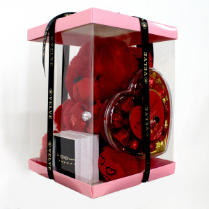 Pachet cadou pentru indragostiti, Sparkle, ursulet de plus cu sunet/mesaj de iubire, 25 cm, set doua bratari inox si praline Cherry Queen Rochen, ambalate in cutie cadou1