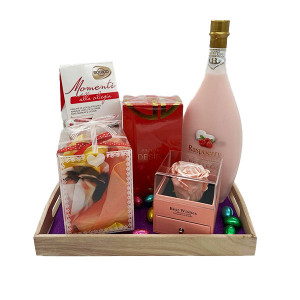 Pachet HappyEaster, Lichior Raspperry, parfum Desire de dama, cutiuta cu trandafir criogenat, praline Momenti, esarfa si 8 oua de ciocolata