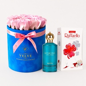 Pachet Crystal Beauty cu aranjament floral, parfum arabesc Gemini Pour Femme, Riiffs 100ml si praline Raffaello