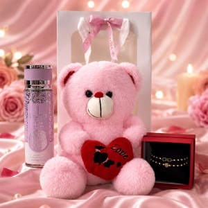Pachet dama Teddy Box cu ursulet roz cu inima de plus, spray de corp arabesc YARA si set de bratari in cutie rosie - Img 4