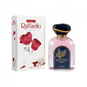 Pachet dama VLV, Aranjament floral cu trandafiri de sapun, in cutie mov de catifea, parfum Riiffs Mystere si praline Raffaello, Roz
