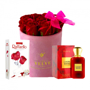 Pachet dama VLV, Aranjament floral cu trandafiri de sapun, in cutie roz de catifea, parfum Riiffs Luxury Rouge si praline Raffaello, Rosu