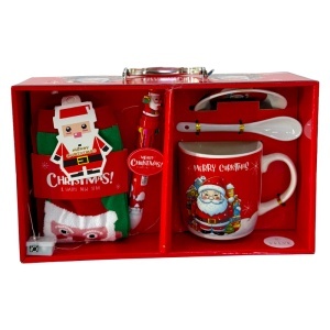 Pachet de Craciun, cu accesorii tematice, set ceramic si cana cu farfurie suport, in cutie servieta, Model III, 29x17x89 cm