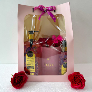 Pachet Eyup,  aranjament cu 9 trandafiri rosii de sapun, in cutie roz de catifea, spray de corp 250ml Eyup Sabri-Tuncer, gel dus 750ml Eyup Sabri-Tuncer, in punga cadou