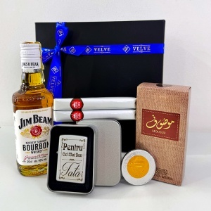 Pachet Gentleman Dad, pentru cel mai bun tata, cu parfum arabesc 50 ml, Jim Beam 200 ml, trabucuri, banut ciocolata si bricheta personalizata, in cutie eleganta - Img 2