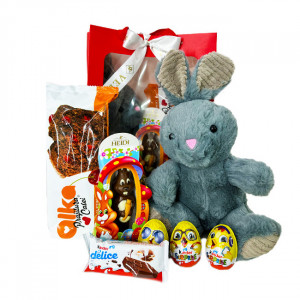 Pachet GiftDay , Iepuras de plus gri 31cm, Prajitura Casei Alka 350g, Iepuras de ciocolata Heidi 45g, Kinder delice si trei oua Kinder Surprise in punga cadou - Img 5