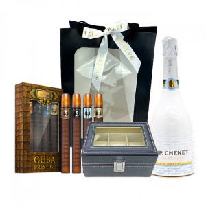 Pachet GiftDay pentru barbati, o sticla de JP Chenet Ice Edition 750ml, cutie pentru ceasuri si set de 4 parfumuri Cuba Original, in punga cadou