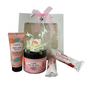 Pachet GiftDay pentru dama, Unt de corp 200ml, Crema de maini 100ml,praline Raffaello 80gr si un trandafir de spuma in punga cadou - Img 5