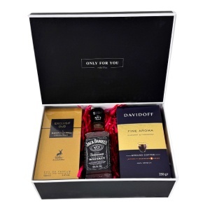 Pachet Goldishold pentru barbati, cafea Davidoff Fine 250gr, Whiskey Jack Daniel's 200ml, parfum arabesc Maison Alhambra Exclusif Oud, Unisex 100ml