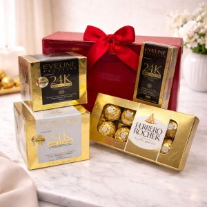 Pachet Goldishold pentru femei, cu crema de Zi, crema de Noapte, Ser 24K atin-wrinkle si 100gr praline Ferrero