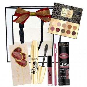Pachet goldishold pentru femei, paleta de farduri Eveline, Rimel Big Volume Eveline, Kit de buze si cutiuta cu 10 trandafiri din sapun